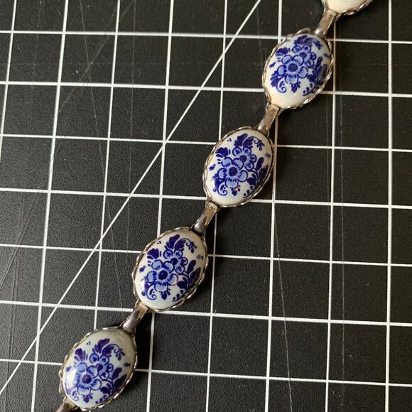 Vintage Delft Sterling Silver Bracelet 8.5” Holland Blue Porcelain - Picture 3 of 4